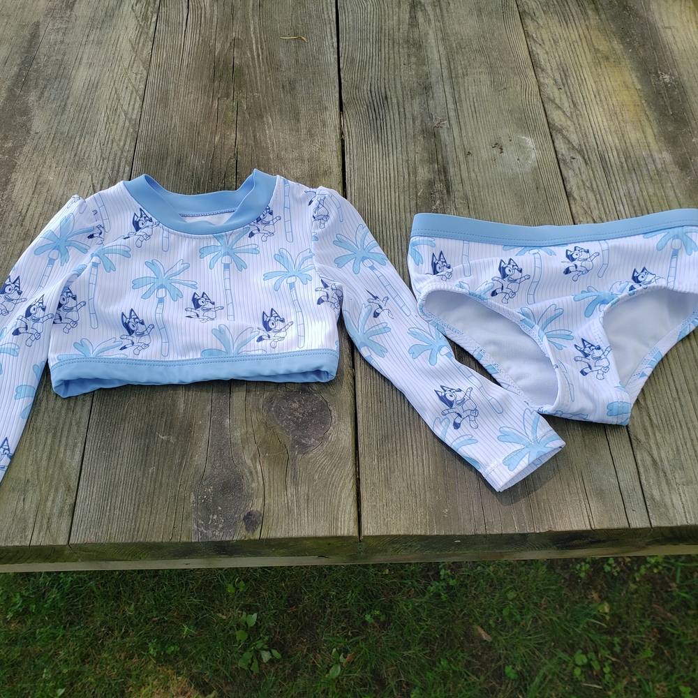 Bluey Blue and White Rashguard Swim Set with Long Sleeves